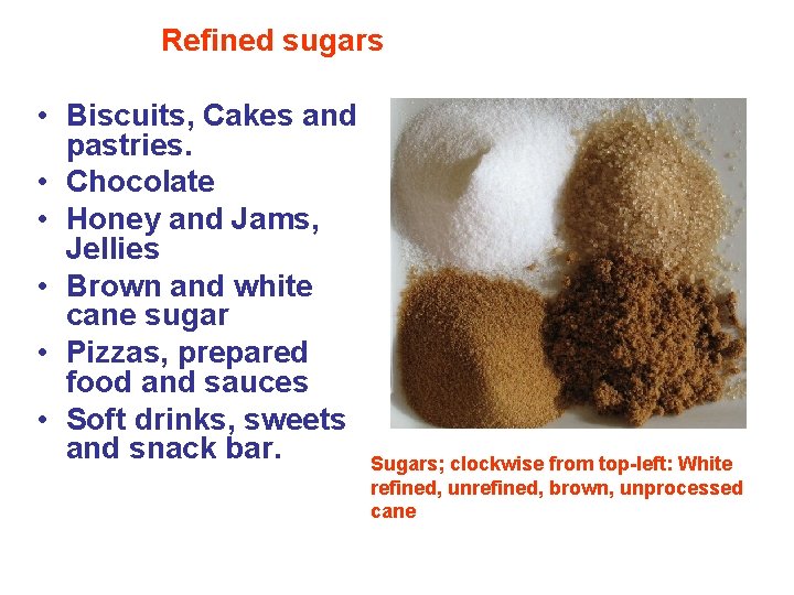 Refined sugars • Biscuits, Cakes and pastries. • Chocolate • Honey and Jams, Jellies