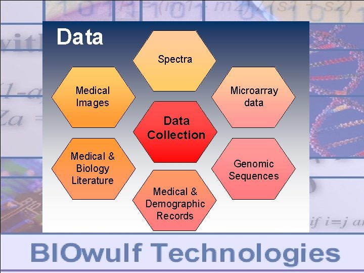 Data Spectra Medical Images Microarray data Data Collection Medical & Biology Literature Genomic Sequences Data Spectra Medical Images Microarray data Data Collection Medical & Biology Literature Genomic Sequences