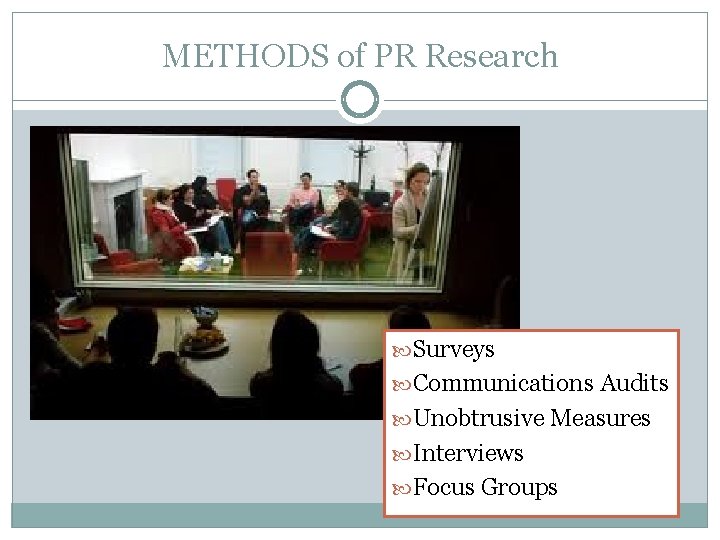 METHODS of PR Research Surveys Communications Audits Unobtrusive Measures Interviews Focus Groups 