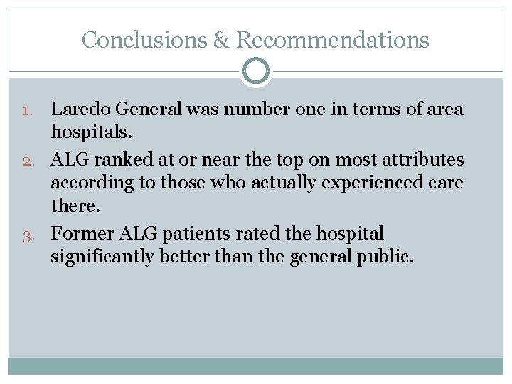 Conclusions & Recommendations Laredo General was number one in terms of area hospitals. 2.