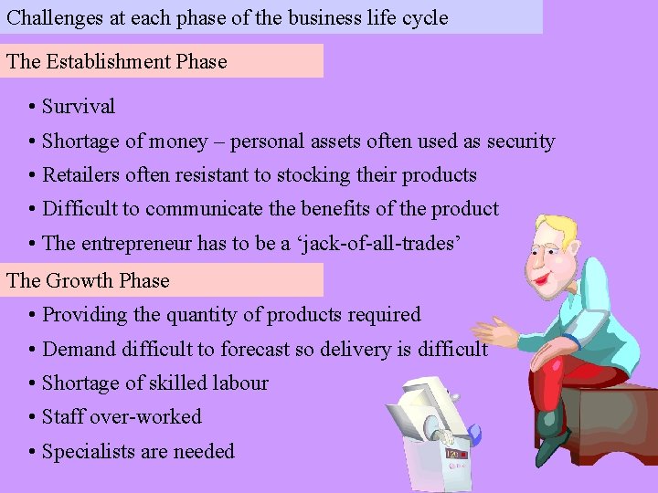 Challenges at each phase of the business life cycle The Establishment Phase • Survival