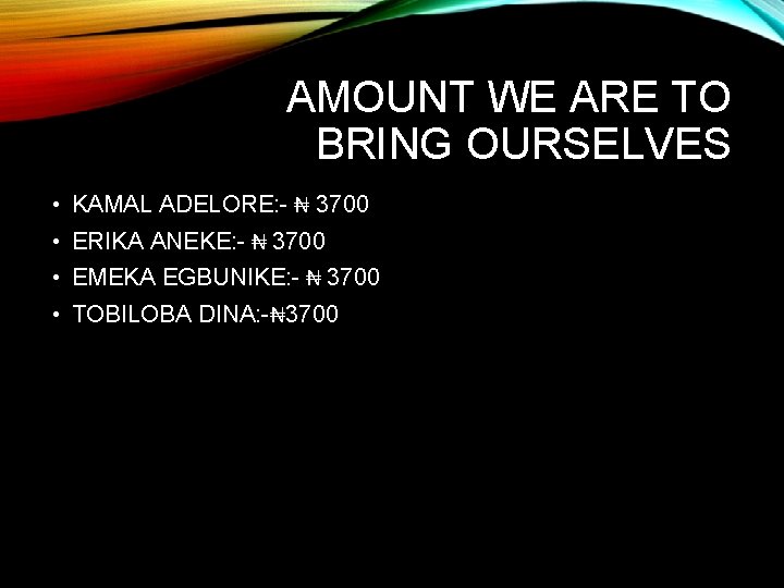 AMOUNT WE ARE TO BRING OURSELVES • KAMAL ADELORE: - ₦ 3700 • ERIKA