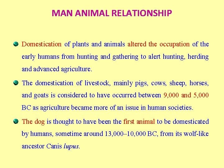 MAN ANIMAL RELATIONSHIP Domestication of plants and animals altered the occupation of the early