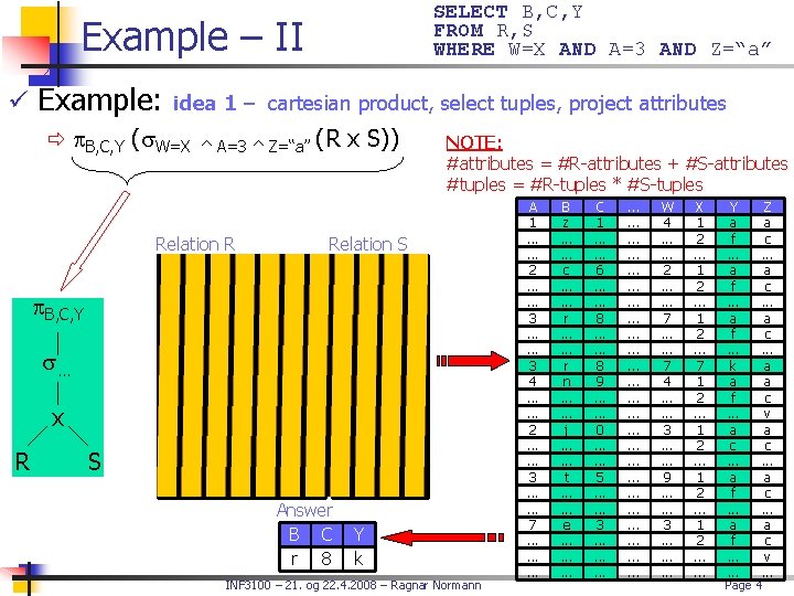 SELECT B, C, Y FROM R, S WHERE W=X AND A=3 AND Z=“a” Example