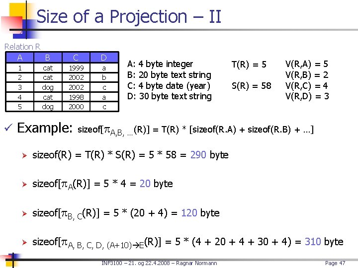 Size of a Projection – II Relation R A B 1 2 3 4