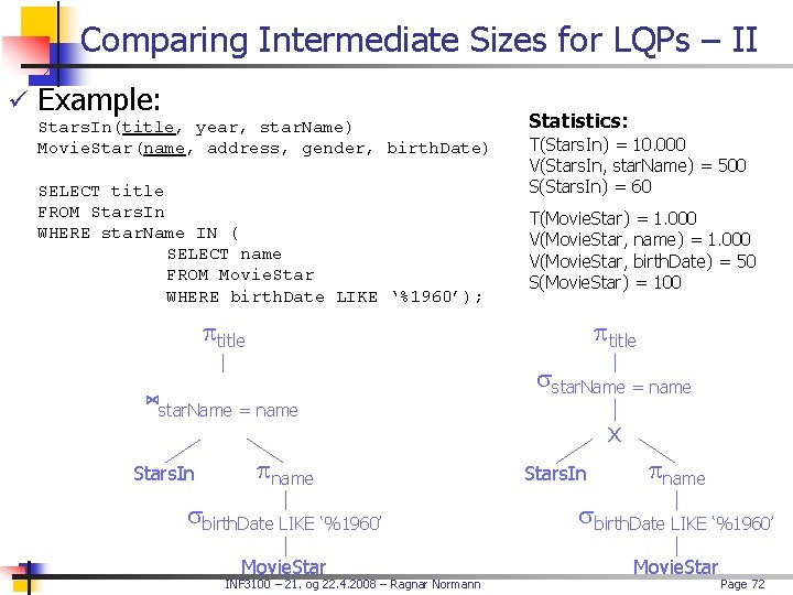 Comparing Intermediate Sizes for LQPs – II ü Example: Stars. In(title, year, star. Name)