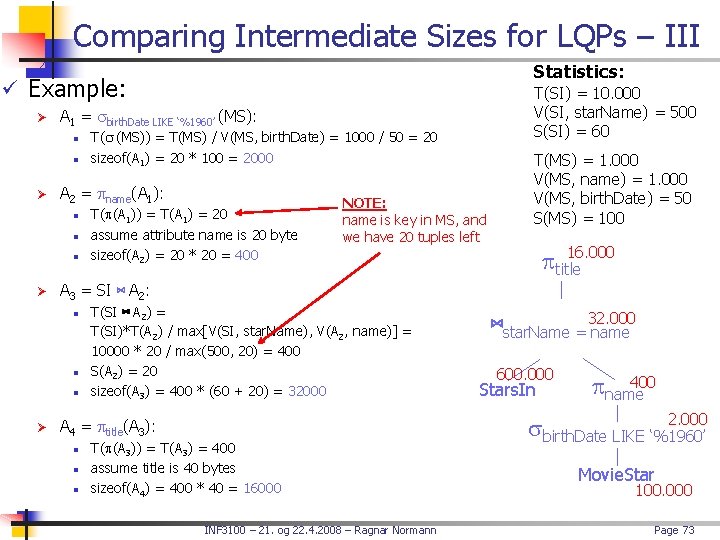 Comparing Intermediate Sizes for LQPs – III Statistics: ü Example: Ø A 1 =