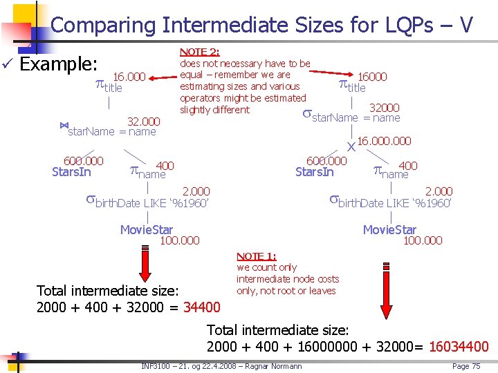 Comparing Intermediate Sizes for LQPs – V ü Example: 16. 000 title ⋈star. Name
