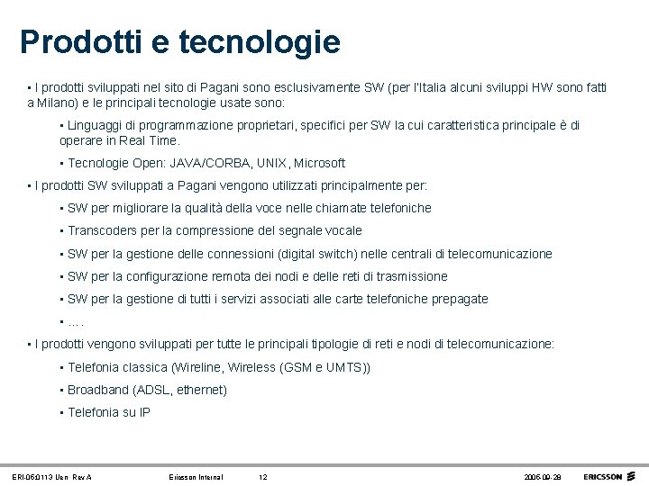 Prodotti e tecnologie • I prodotti sviluppati nel sito di Pagani sono esclusivamente SW