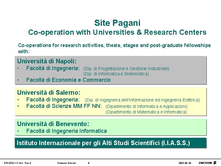 Site Pagani Co-operation with Universities & Research Centers Co-operations for research activities, thesis, stages