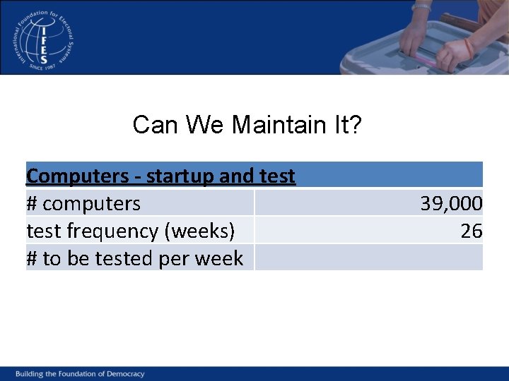 Can We Maintain It? Computers - startup and test # computers test frequency (weeks)