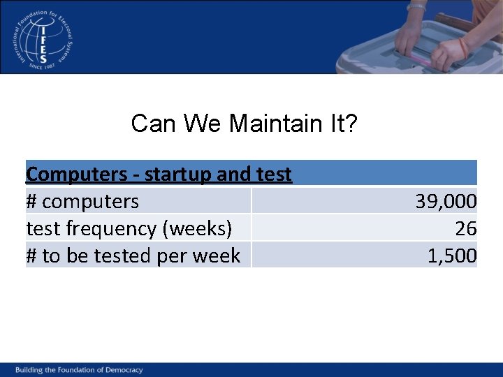 Can We Maintain It? Computers - startup and test # computers test frequency (weeks)