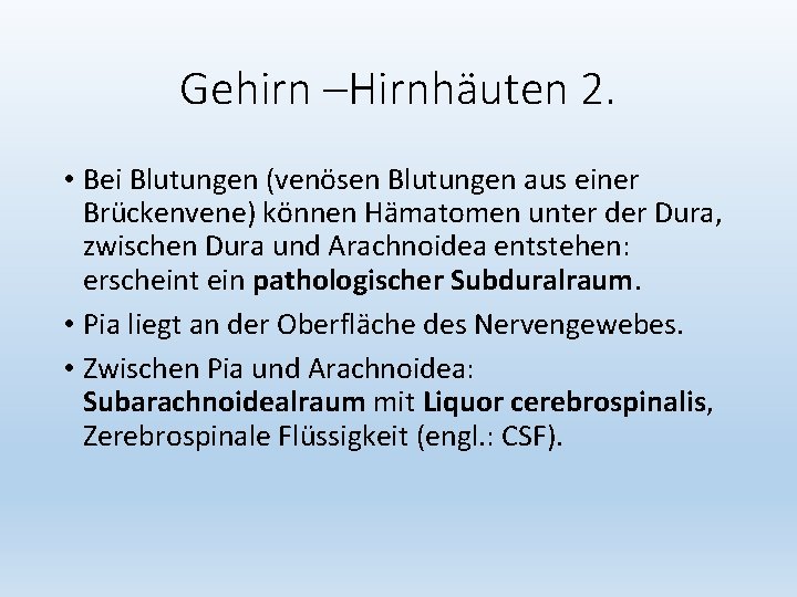 Gehirn –Hirnhäuten 2. • Bei Blutungen (venösen Blutungen aus einer Brückenvene) können Hämatomen unter