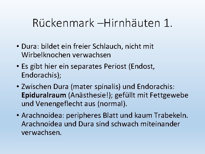 Rückenmark –Hirnhäuten 1. • Dura: bildet ein freier Schlauch, nicht mit Wirbelknochen verwachsen •