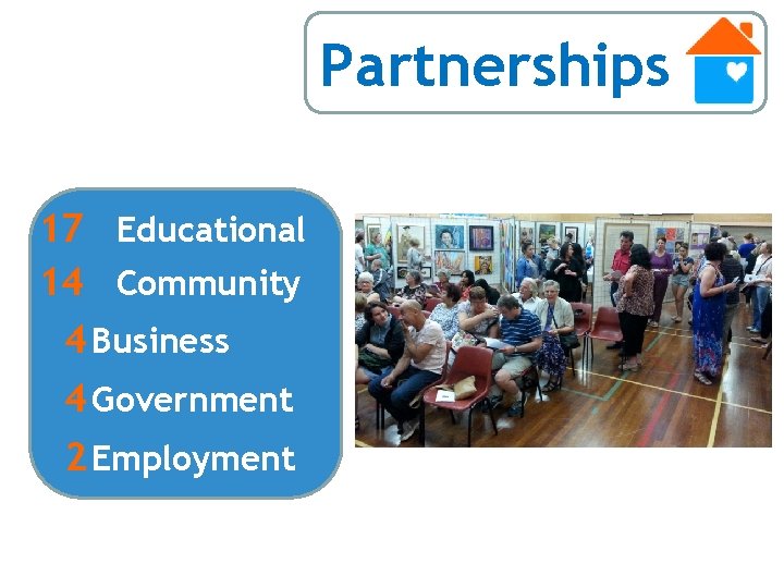 Partnerships 17 Educational 14 Community 4 Business 4 Government 2 Employment 