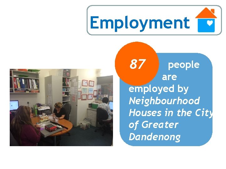 Employment 87 people are employed by Neighbourhood Houses in the City of Greater Dandenong