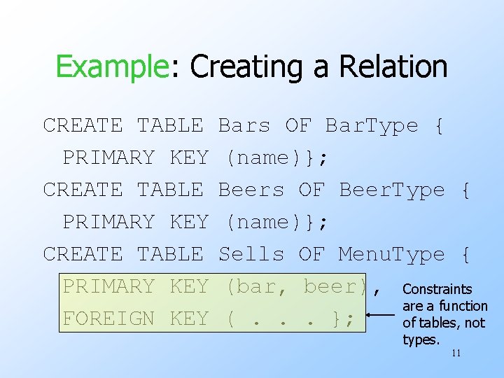 Example: Creating a Relation CREATE TABLE PRIMARY KEY FOREIGN KEY Bars OF Bar. Type