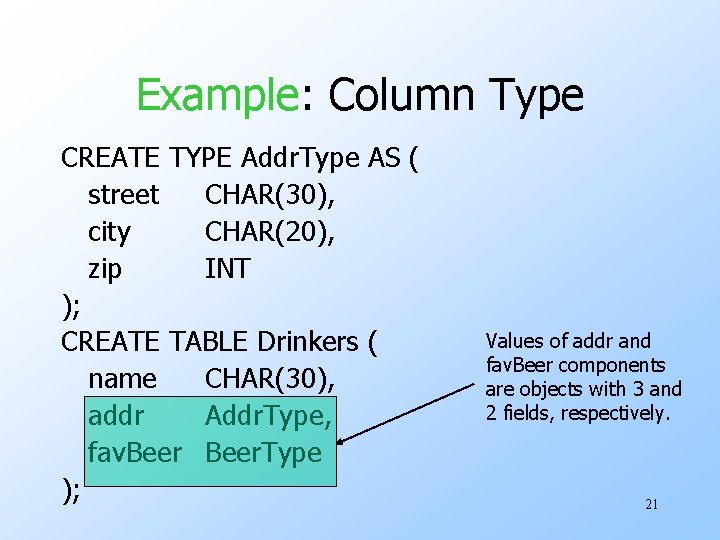 Example: Column Type CREATE TYPE Addr. Type AS ( street CHAR(30), city CHAR(20), zip