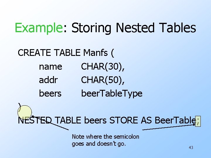Example: Storing Nested Tables CREATE TABLE Manfs ( name CHAR(30), addr CHAR(50), beers beer.