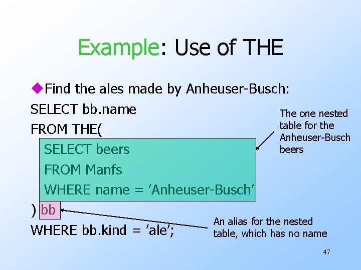 Example: Use of THE u. Find the ales made by Anheuser-Busch: SELECT bb. name