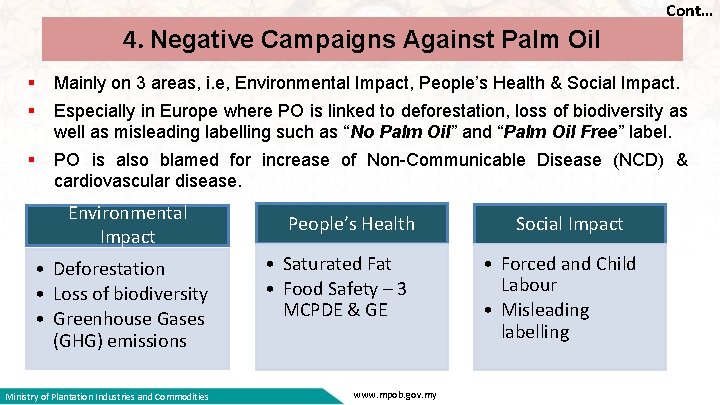 Cont… 4. Negative Campaigns Against Palm Oil § § Mainly on 3 areas, i.