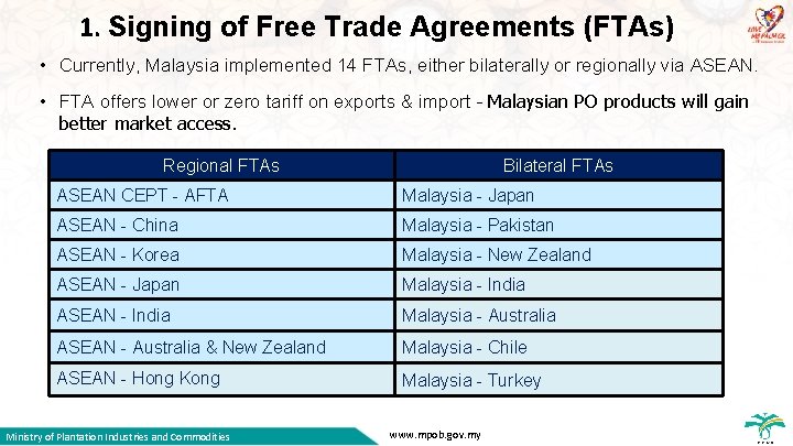 1. Signing of Free Trade Agreements (FTAs) • Currently, Malaysia implemented 14 FTAs, either