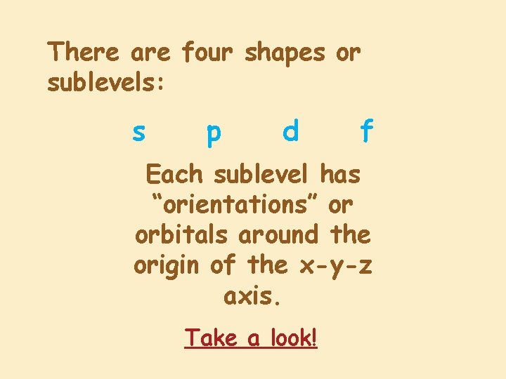 There are four shapes or sublevels: s p d f Each sublevel has “orientations”
