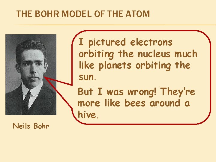 THE BOHR MODEL OF THE ATOM I pictured electrons orbiting the nucleus much like