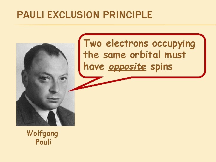 PAULI EXCLUSION PRINCIPLE Two electrons occupying the same orbital must have opposite spins Wolfgang