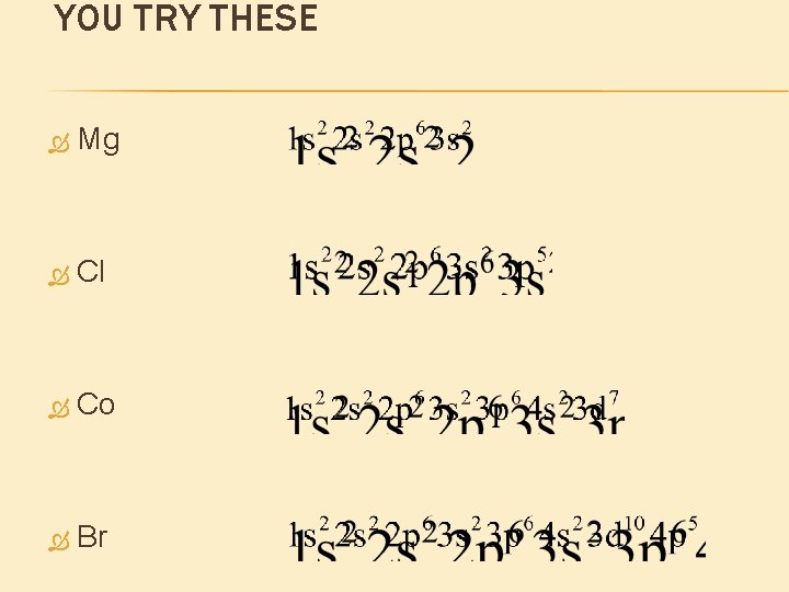 YOU TRY THESE Mg Cl Co Br 