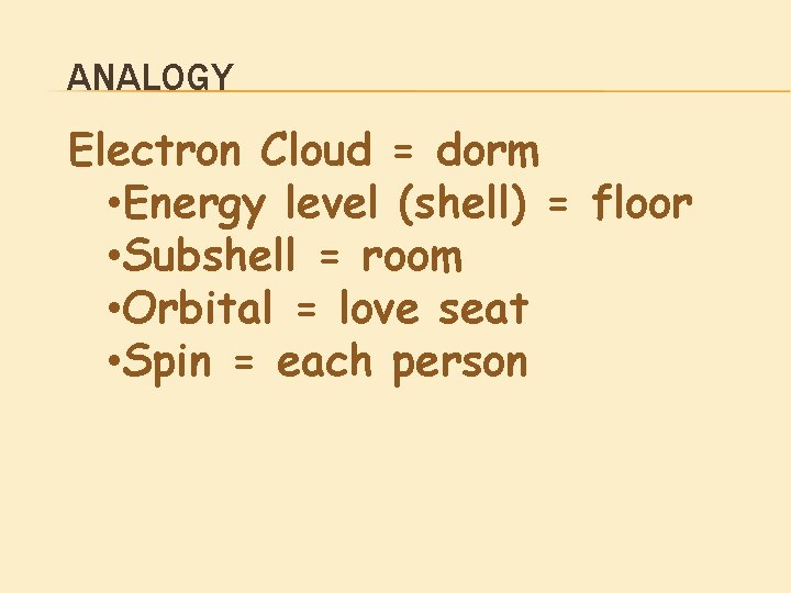 ANALOGY Electron Cloud = dorm • Energy level (shell) = floor • Subshell =