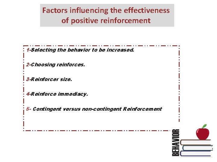 Factors influencing the effectiveness of positive reinforcement 1 -Selecting the behavior to be increased. Factors influencing the effectiveness of positive reinforcement 1 -Selecting the behavior to be increased.