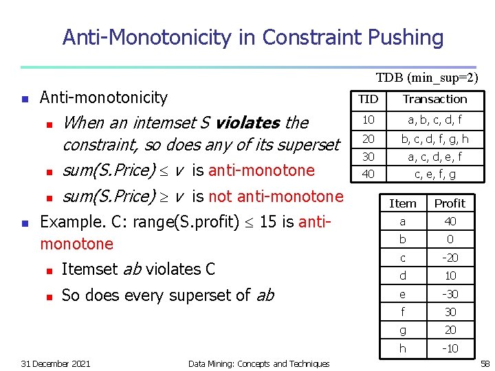 Anti-Monotonicity in Constraint Pushing TDB (min_sup=2) n Anti-monotonicity n n When an intemset S