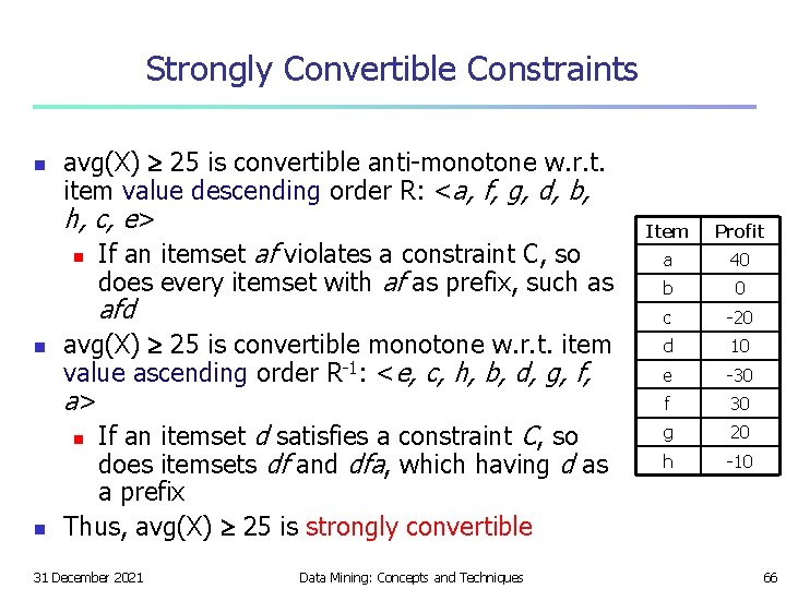 Strongly Convertible Constraints n avg(X) 25 is convertible anti-monotone w. r. t. item value