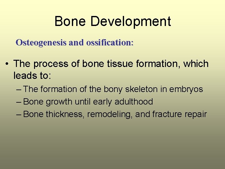 Bone Development Osteogenesis and ossification: • The process of bone tissue formation, which leads