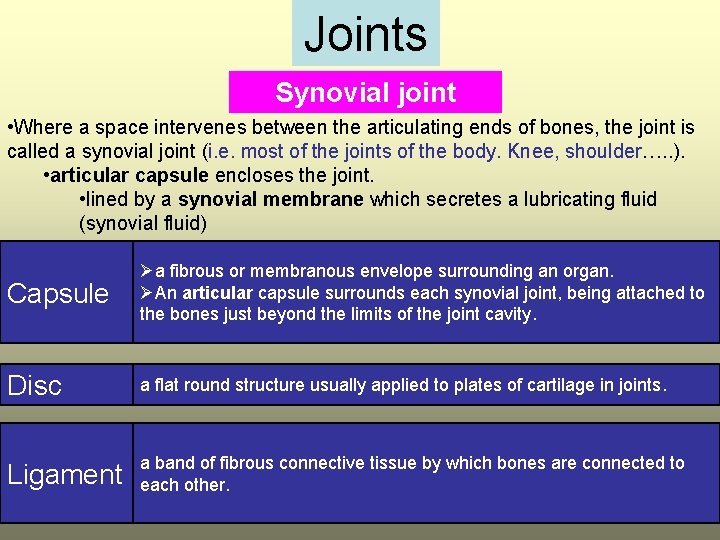 Joints Synovial joint • Where a space intervenes between the articulating ends of bones,