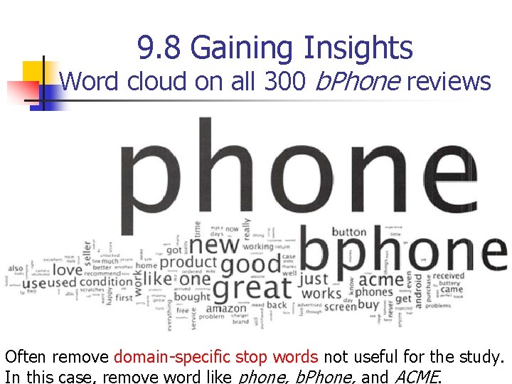 9. 8 Gaining Insights Word cloud on all 300 b. Phone reviews Often remove