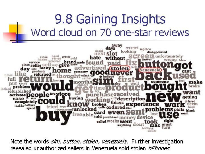 9. 8 Gaining Insights Word cloud on 70 one-star reviews Note the words sim,
