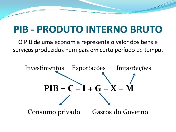 PIB - PRODUTO INTERNO BRUTO O PIB de uma economia representa o valor dos