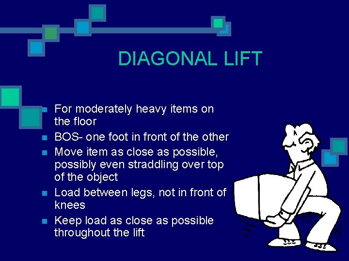 DIAGONAL LIFT n n n For moderately heavy items on the floor BOS- one