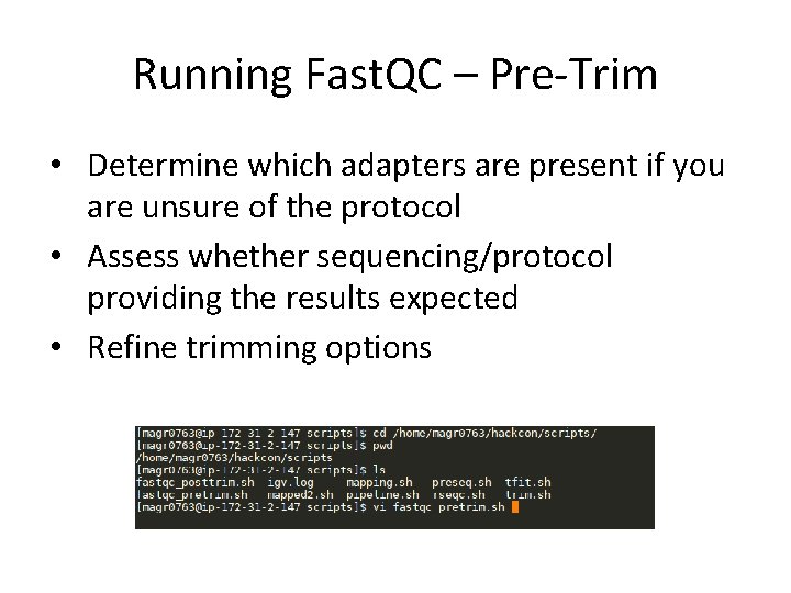 Running Fast. QC – Pre-Trim • Determine which adapters are present if you are