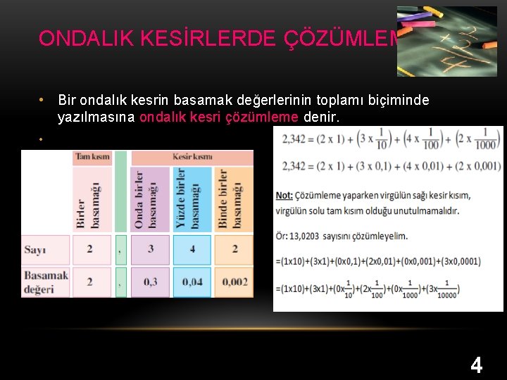 ONDALIK KESİRLERDE ÇÖZÜMLEME • Bir ondalık kesrin basamak değerlerinin toplamı biçiminde yazılmasına ondalık kesri