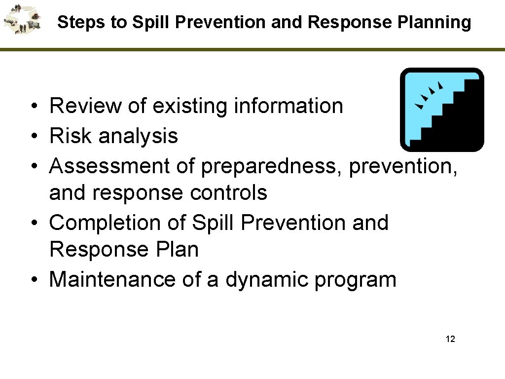 Steps to Spill Prevention and Response Planning • Review of existing information • Risk