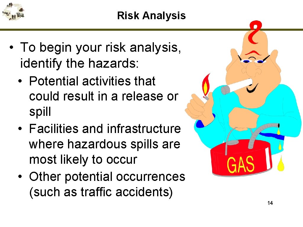 Risk Analysis • To begin your risk analysis, identify the hazards: • Potential activities