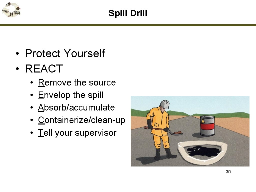Spill Drill • Protect Yourself • REACT • • • Remove the source Envelop