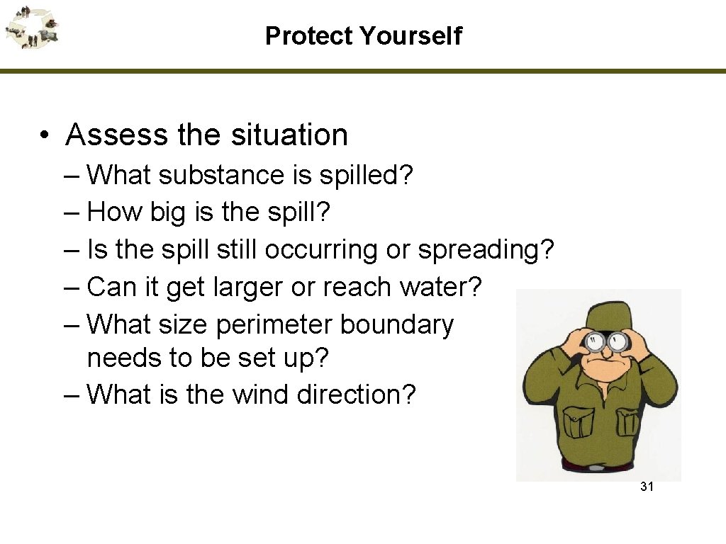Protect Yourself • Assess the situation – What substance is spilled? – How big