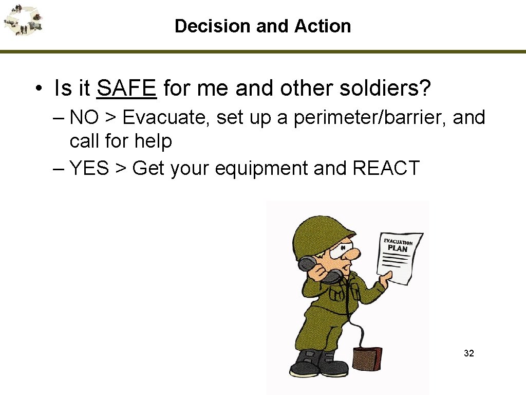 Decision and Action • Is it SAFE for me and other soldiers? – NO