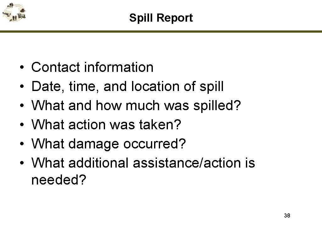Spill Report • • • Contact information Date, time, and location of spill What