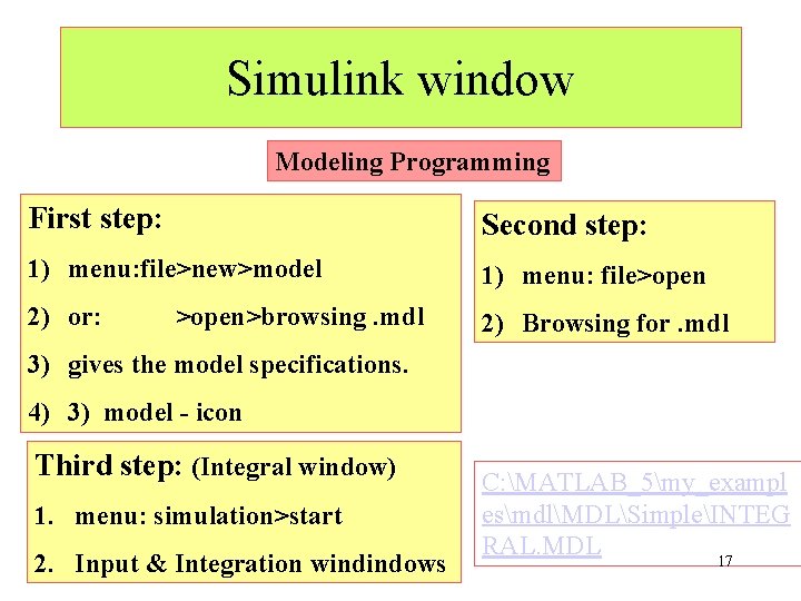 Simulink window Modeling Programming First step: Second step: 1) menu: file>new>model 1) menu: file>open