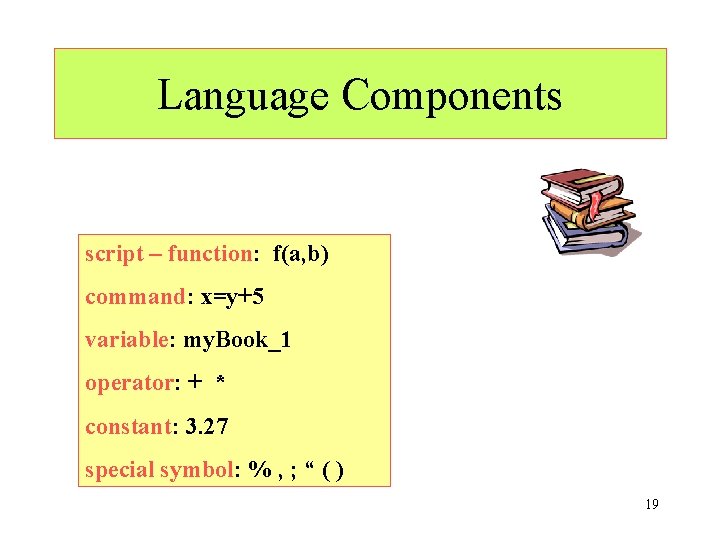 Language Components script – function: f(a, b) command: x=y+5 variable: my. Book_1 operator: +